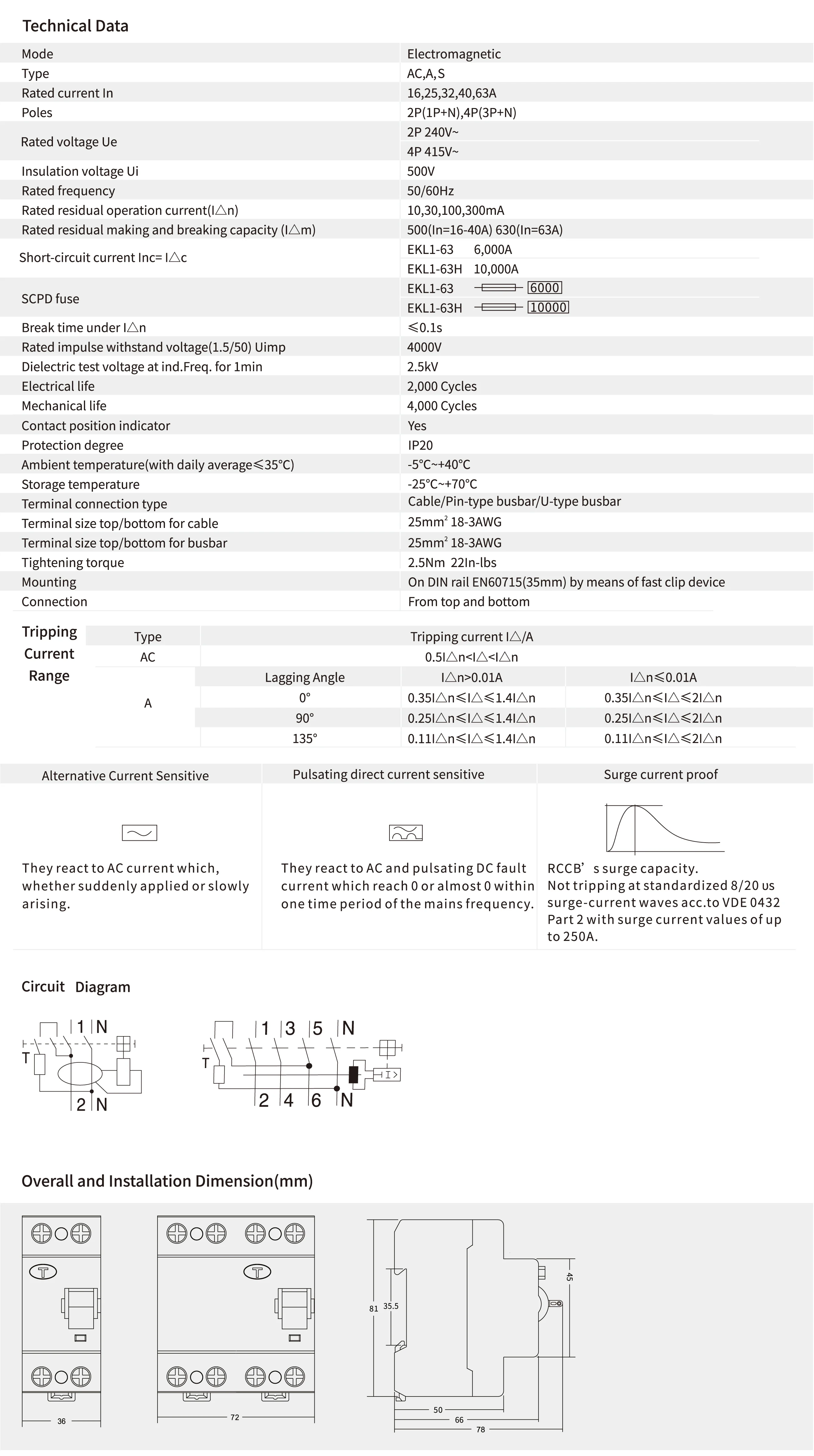 RCCB EKL1-63 4P 30MA 100MA 300MA типа 400/415V~ 50 Гц/60 Гц остаточный ток выключателя 16A 25A 32A 40A 50A 63A 80A
