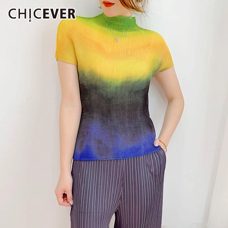 

CHICEVER хит, цветные тонкие Топы для женщин, водолазка с коротким рукавом, Лоскутные Повседневные футболки с рюшами, Женская модная новая одежд...