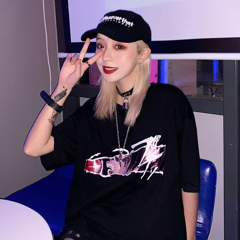 Женская Винтажная футболка в стиле хип хоп черная Свободная Повседневная с