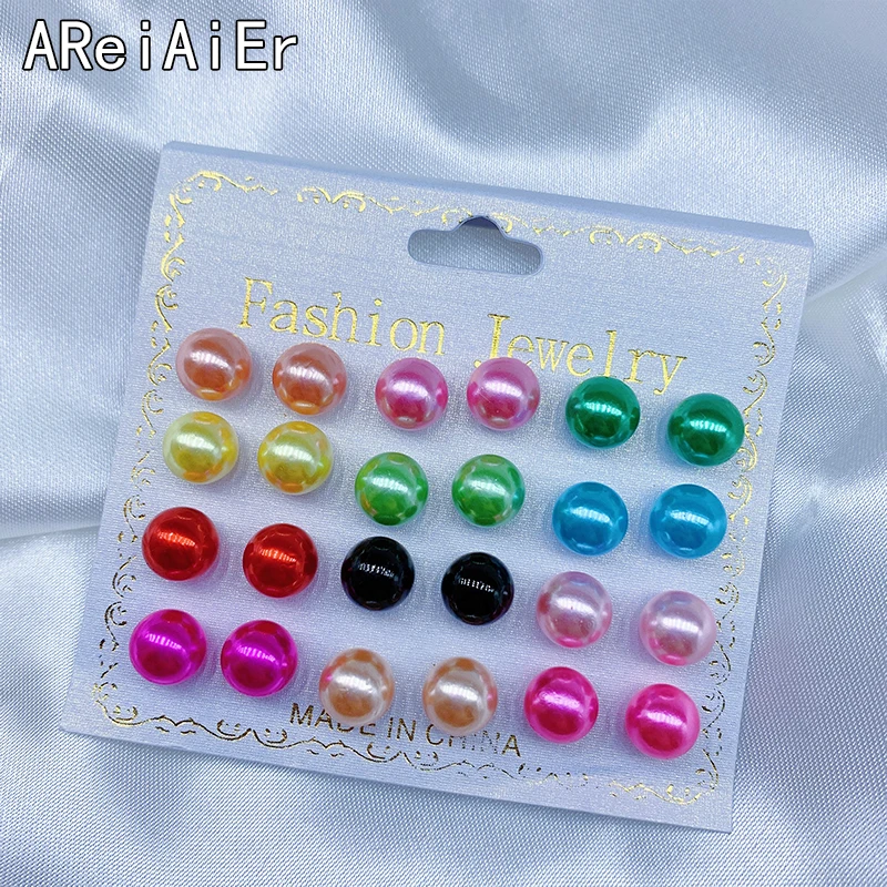 12 Pairs/set Classic Round Ball Pearl Stud Earrings For Women Party Wedding Gifts multiple colour Earings Set Ear Jewelry | Украшения и