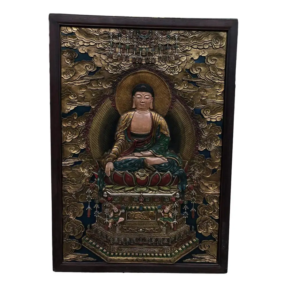 

LaoJunLu Inlaid Wood Frame Copper Thangka Hand Painted Tathagata Buddha Statue Hanging Screen Copper Thangka Height 116Cm