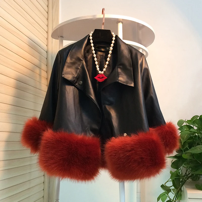 Fitaylor Новая зимняя женская кожаная куртка из искусственного меха с отложным