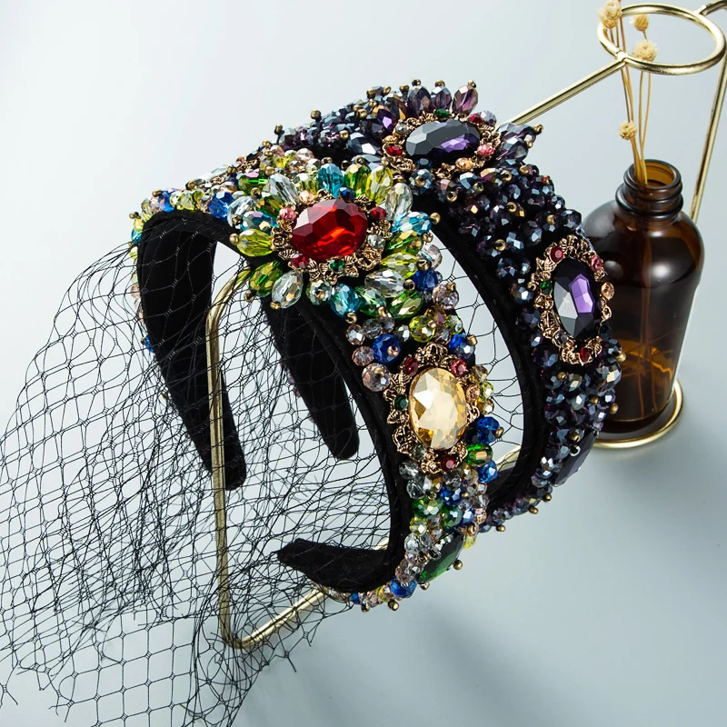 

Heavy Industry Retro Stained Glass Diamond Crystal Headband Female Palace Window Screen Mesh Cover Prom Baroque Hair Accessories