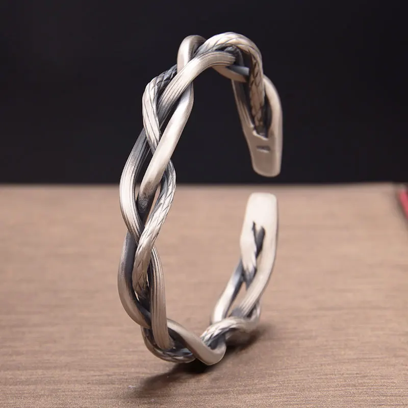 

Vintage Silver Plated Twisted Woven Bracelet Neutral Retro Thai Handmade Exquisite Unique Opening Bracelet Jewelry Gift