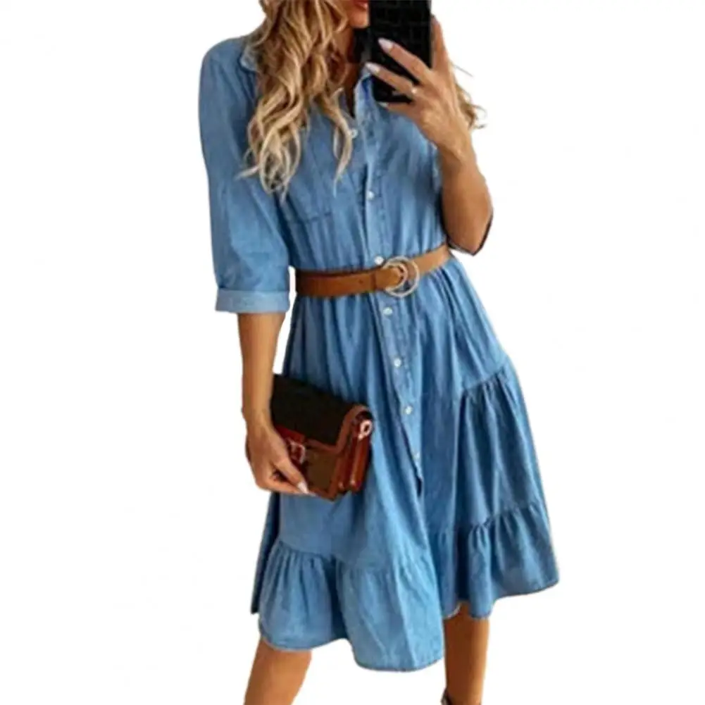 

New Casual Denim Dress Women Turn-down Collar Three Quarter Sleeve Ruffle Elegant Office Ladies Denim Dresses With Belt