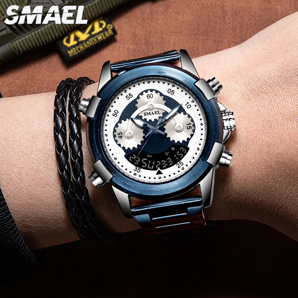 Мужские водонепроницаемые кварцевые часы из нержавеющей стали с цифровым