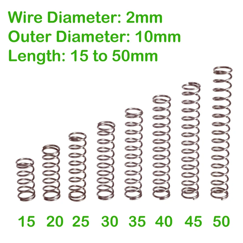 

Небольшие пружины сжатия проволоки диаметром 2 мм, внешний диаметр 10 мм, длина от 15 мм до 50 мм