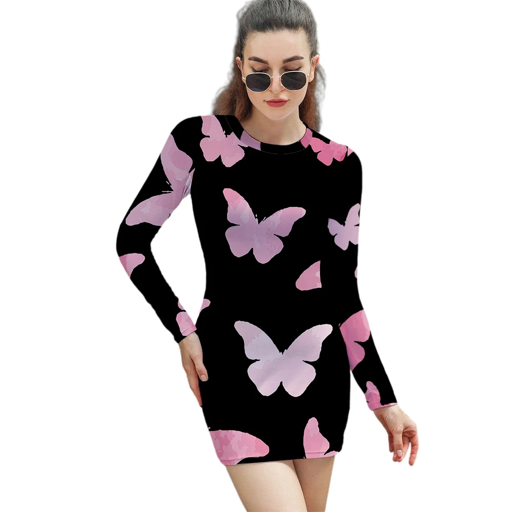 

Slim Dress Women Butterfly Pattern Print Sexy Dress Autumn Sexy Skinny Mini Dress Women Fall Keep Warm Long Sleeve Slim Dress