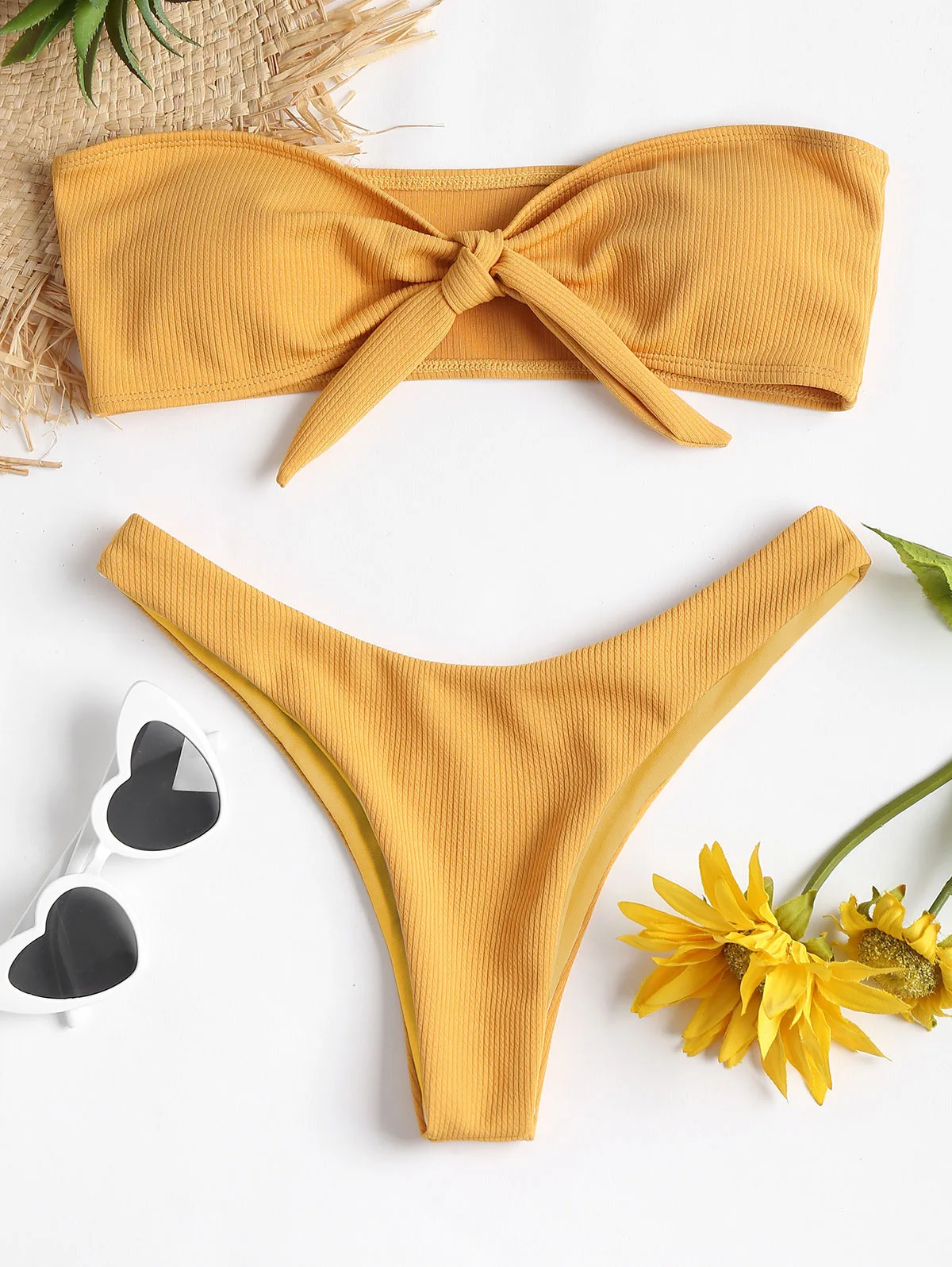 

2021 newest 2 Pieces Swimwear Set Female Solid Color Sleeveless Strapless Bowknot Tops+Bikini Panties for Summer
