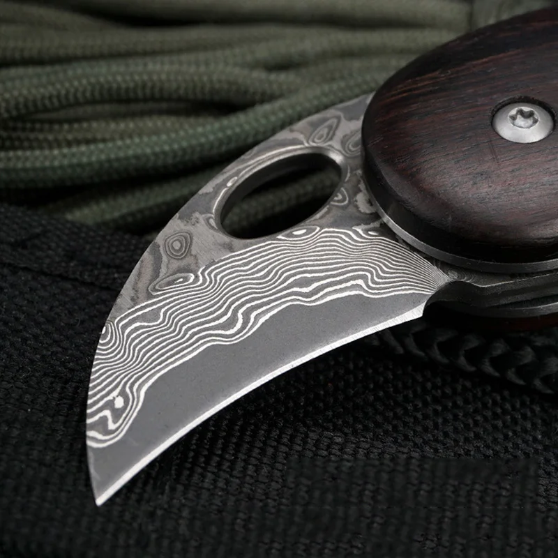 Складной мини-нож из дамасской стали с острым лезвием ручкой натурального дерева