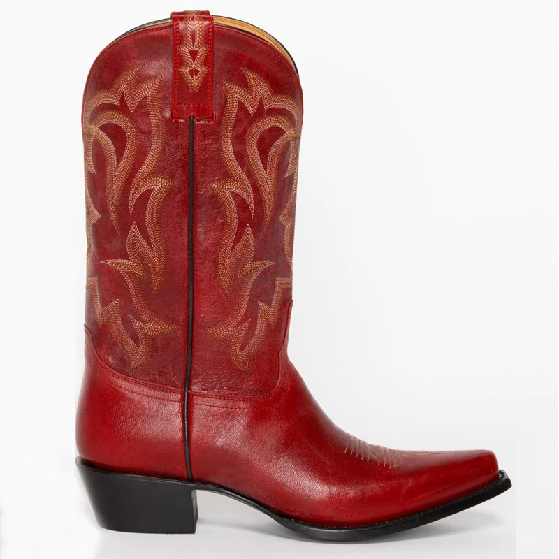 

Women's Pointed Toe Square Low Heel Middle Tube Boots Pu Leather Embroidered Thread Booties Autmun Winter Travelling Camping