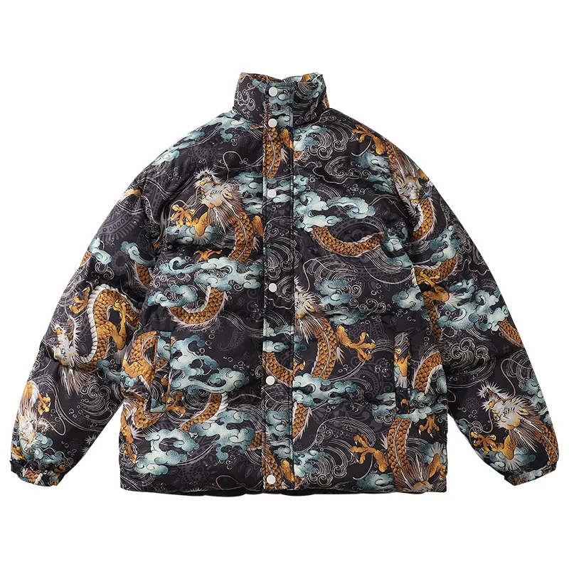 

Men Winter Thicken Warm Padded Jackets Hip Hop Chinese Dragon Printed Streetwear Harajuku Casual Cotton Coats Warm Outerwear