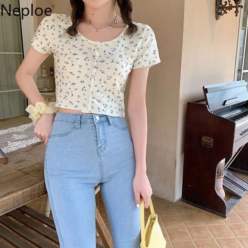 Женская трикотажная футболка Neploe с цветочным принтом милые женские топы круглым