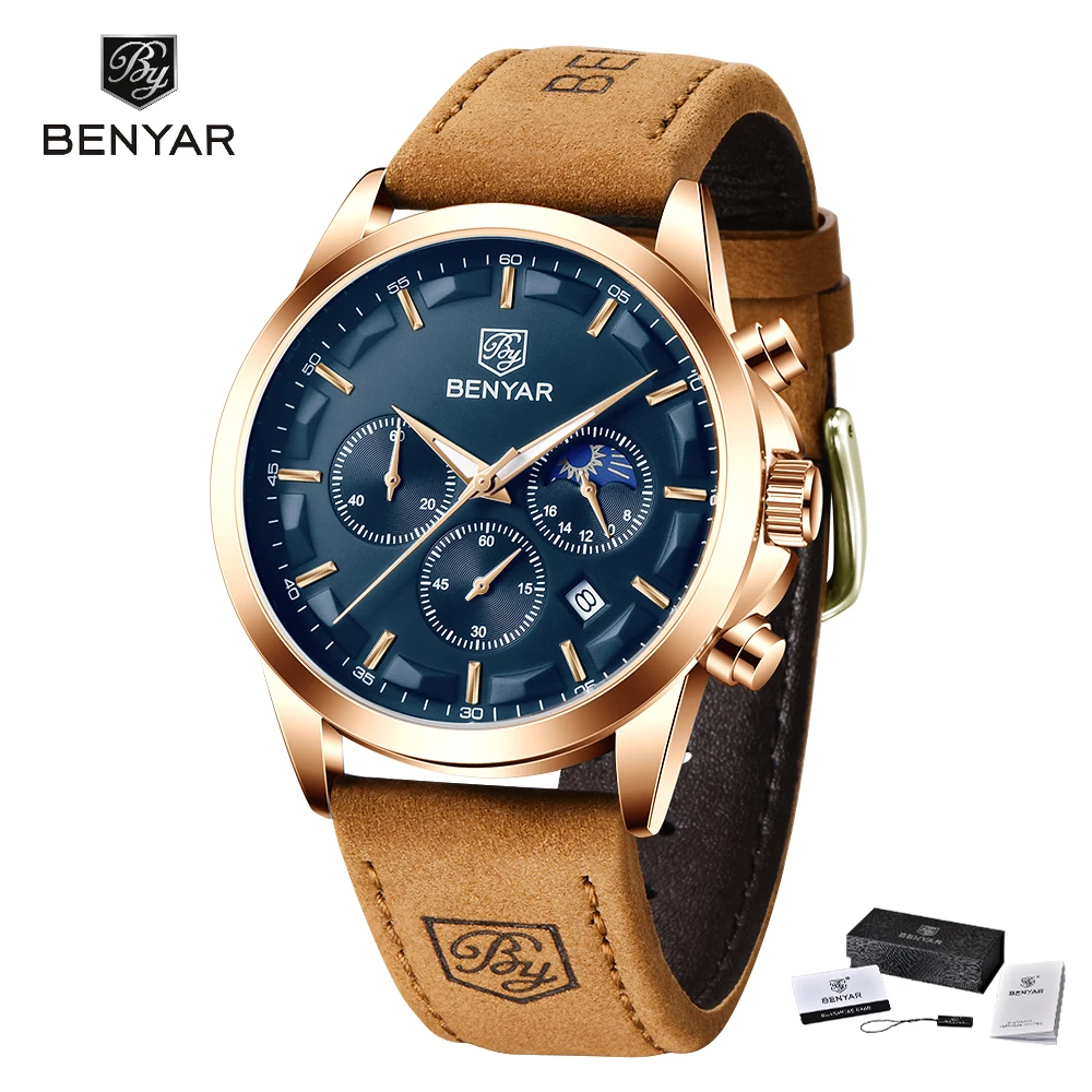2021 Benyar New Fashion Brand Men's Luxury Quartz Watch High Quality Waterproof Leather Luminous Pointer Watch Relogio Masculino