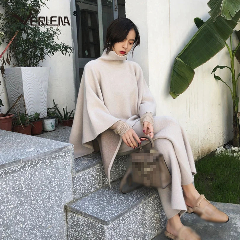 Женский Теплый джемпер оверсайз Verlena бежевое пончо с длинным рукавом