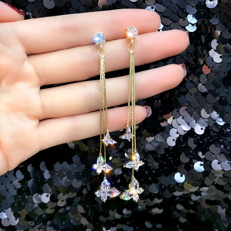 

FYUAN Shiny Three Butterfly Crystal Drop Earring Bijoux Long Tassel Dangle Earrings for Women Statement Earrings Jewelry Gifts