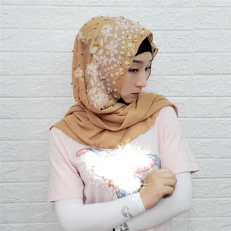 Женские шарфы с бисером кружевной свадебный хиджаб мусульманский женский