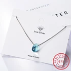 Ожерелье с подвеской в виде капли воды из настоящего синего кристалла, серебро 925 пробы, ожерелье-цепочка до ключиц для женщин, подарок для девушки