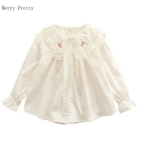 white solid contrast lace casual women blouses single breasted shirt 2021 summer petal sleeve cotton korean girly basic top