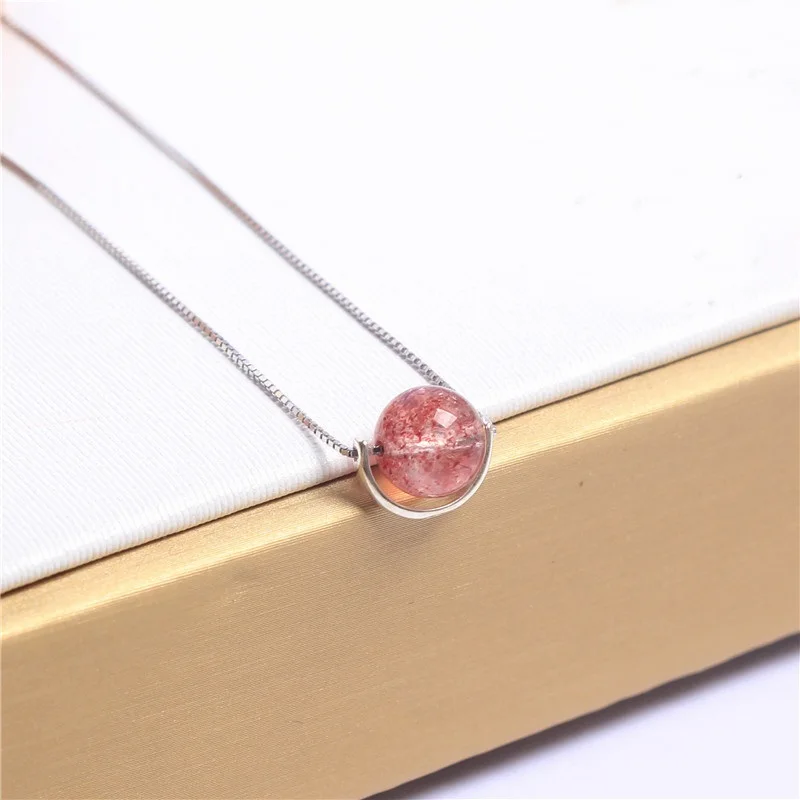 

OMHXZJ Wholesale ZB480 Fashion Woman Birthday Gift Natrual Strawberry Quartz 925 Sterling Silver Necklace+Earrings Jewelry Set