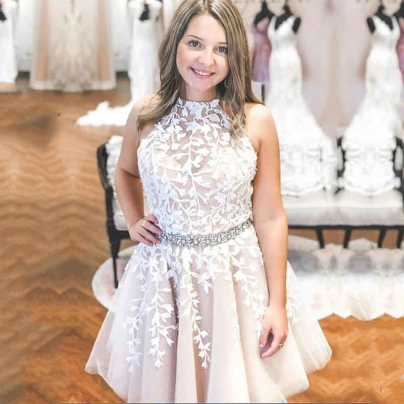 

Short Prom Dresses 2020 High Neck Appliques Lace Champagne Beaded Cocktail Gowns Party Graduation Dress robe soiree