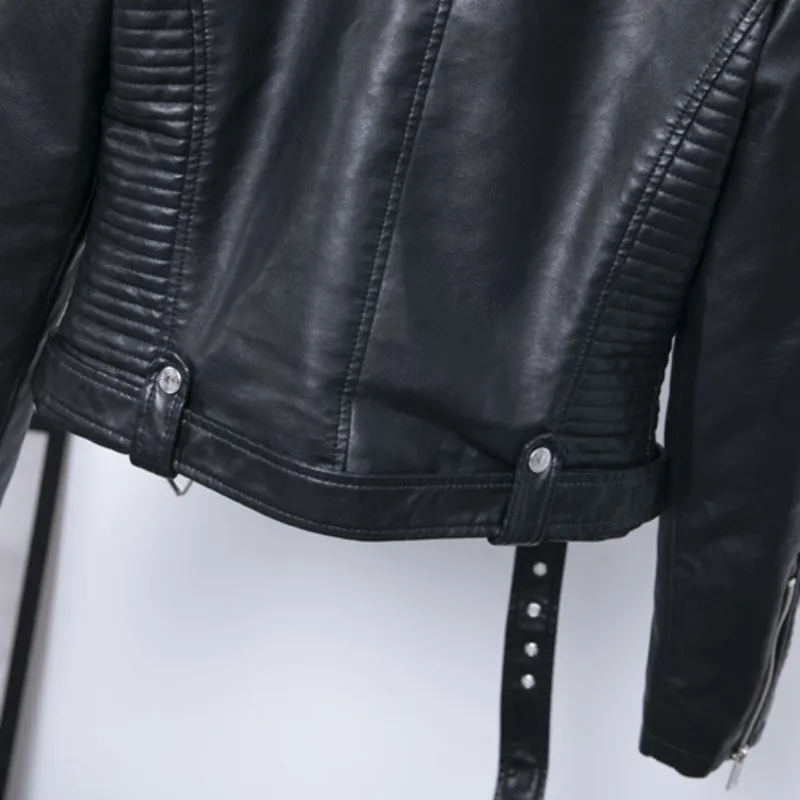 

Add Cotton Warm Leather Jacket Women Lapel Fur Collar Faux Lambswool Winter Coat Female Belt Slim Black Jaqueta Motociclista New