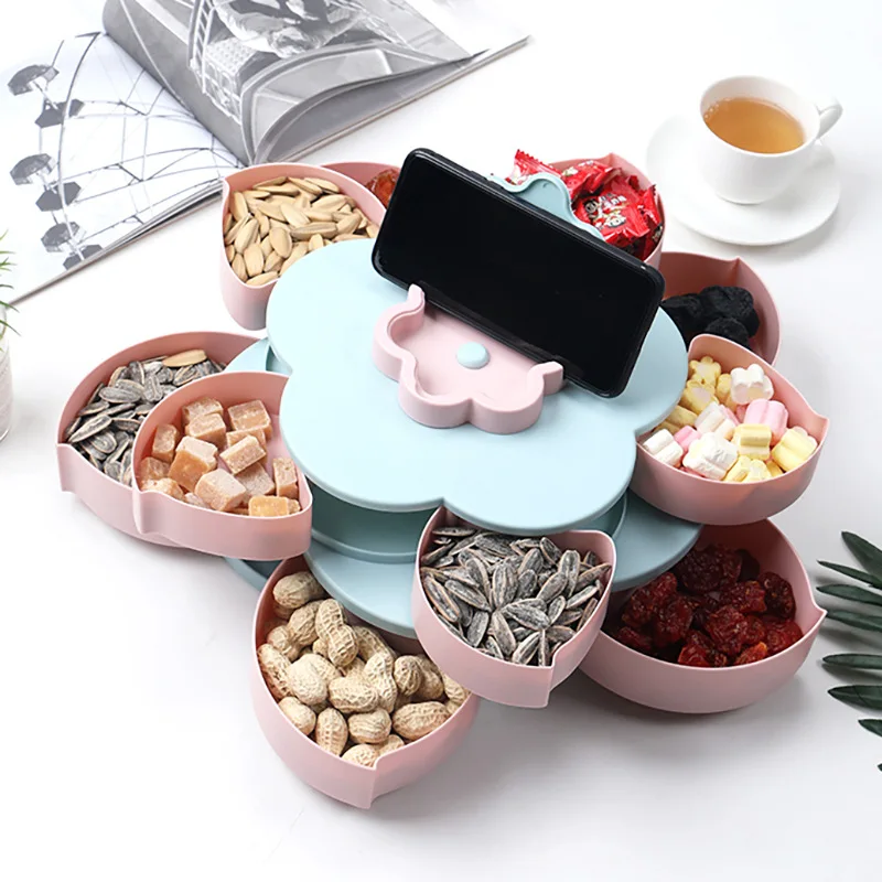 

Creative Flower Petal Fruit Plate Candy Storage Box with Lid 5 Grids Nuts Snack Tray Rotating Food Gift Box for Party Wedding