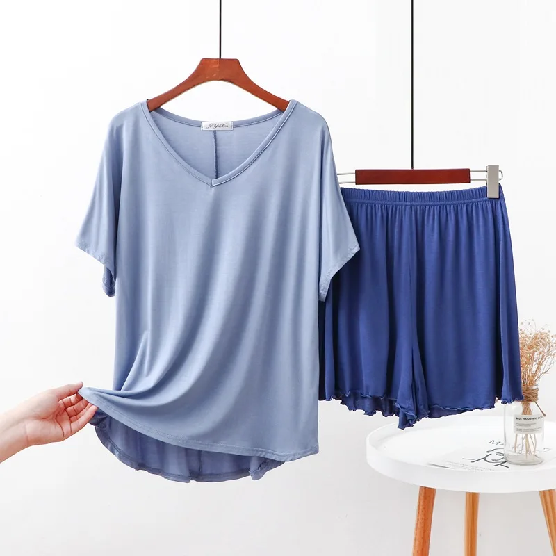 

2 Piece Set Cotton Homewear for Women Solid Color Loose Pajamas Short Sleeve T Shirt and Pants Summer Home Clothes For Female