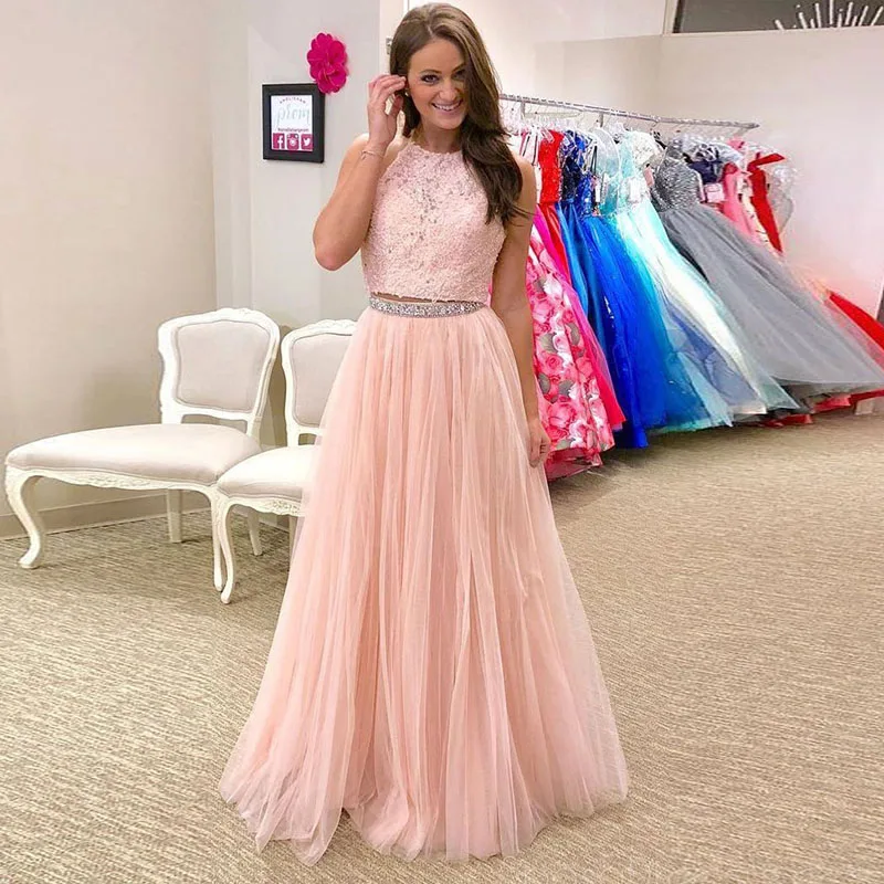 

Two Piece Prom Dresses Halter Appliques Lace A-Line Tulle Beaded Custom Made Floor Length Pink Party Gown for Graduation Dress