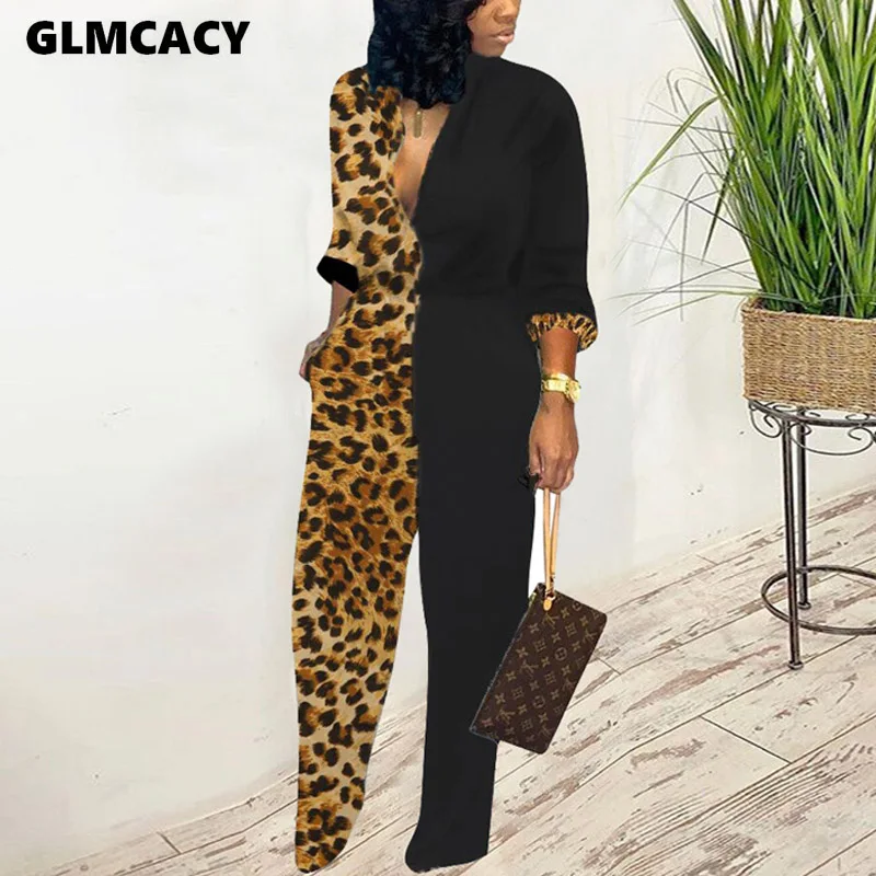 Женская уличная одежда с v образным вырезом леопардовые комбинезоны длинным