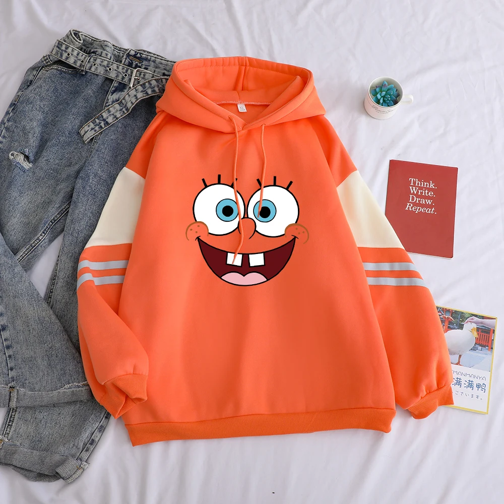 

Fleece Hoodie Autumn Winter New Casual Harajuku Kawaii Cartoon Print Sweatshirt Women Spell Color Stitching Fashion Tops Clothes