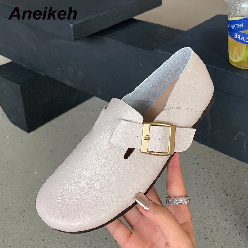 

Aneikeh 2021 Round Head Square Heel Flats PU Women Shoes Spring/Autumn Casual Basic Fashion Buckle Concise Solid Slip-On Adult