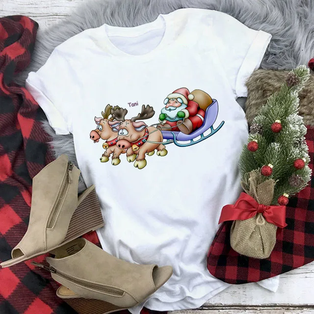 

Women Merry Christmas Reindeer White T-shirt Harajuku Short Sleeve Women Tee Suitable All Seasons New Santa Claus Print Tshirt