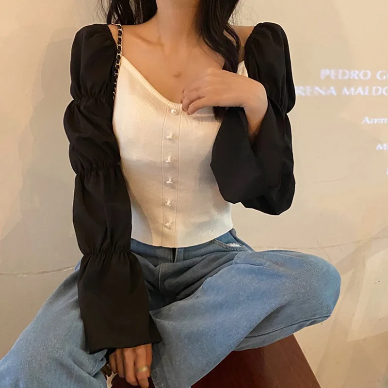 

Square Collar Off-shoulder Chiffon Blouses Autumn New Female Slim Long-sleeved Simple Fshion Blouses Top