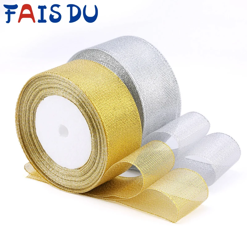 Золотая Серебряная шелковая атласная лента металлическая Блестящая 22 м для