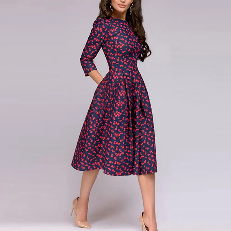 Новинка женское осеннее платье цветочное с 3/4 рукавами круглый вырез винтажное