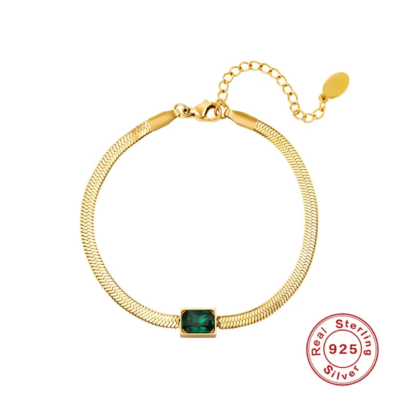 

Aide 925 Sterling Silver Wide Flexible Snake Chain Bracelet Square Rectangle Green Purple Zircon Charm Bracelets For Women Gift