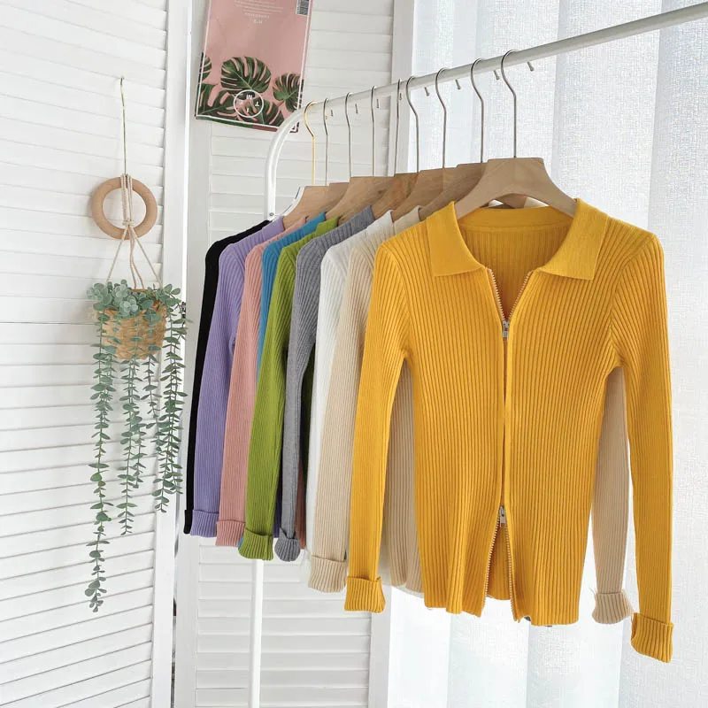 

Croysier Zipper Cardigan Women Long Sleeve Top Lapel Collar Ribbed Knitted Sweater Casual Jumper Solid Slim Sweaters Cardigans