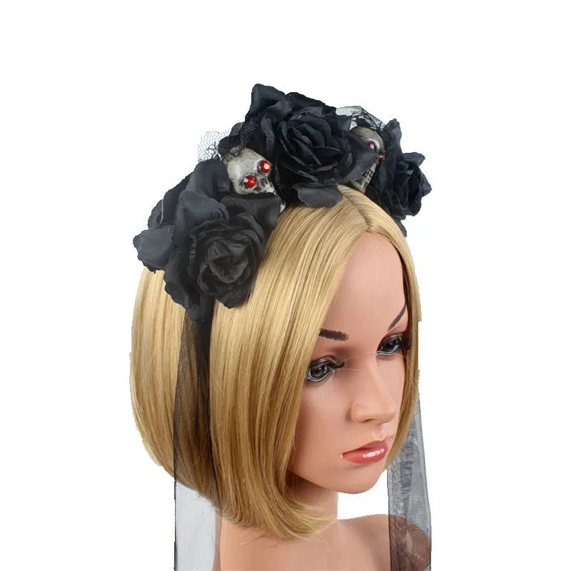 

Модные украшения на Хэллоуин, Новые цветочные розы, сетчатые кружева, Череп, декоративные женские головные уборы, Женский вечерний головной...