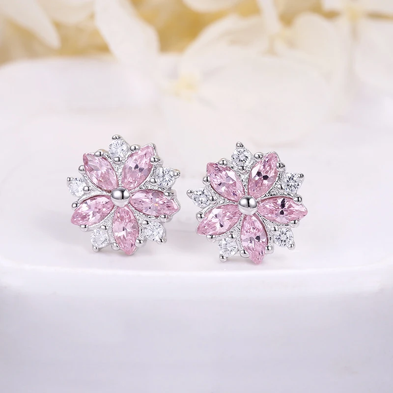 

Fashion 925 Sterling Silver Flower Pink/White CZ Stud Earrings Silver Stud Earring Women Engagement Wedding Party Jewery Gift