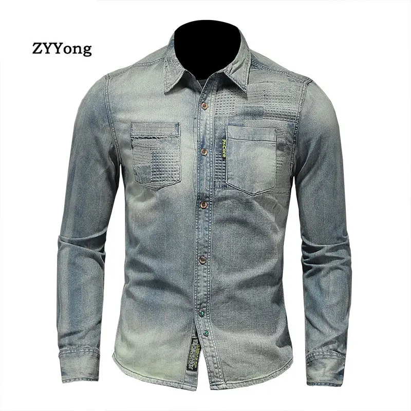 Jacket Shirts For Men Clothing Bomber Aviator Motorcycle Lapel Long Sleeve Denim Shirt Cowboy Outwear