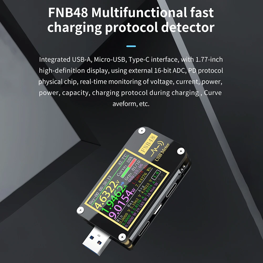 

FNB48 Digital Fast Charging 1.77inch Screen Voltmeter Ammeter Multifunctional LCD Display Meter USB Tester Portable High Speed