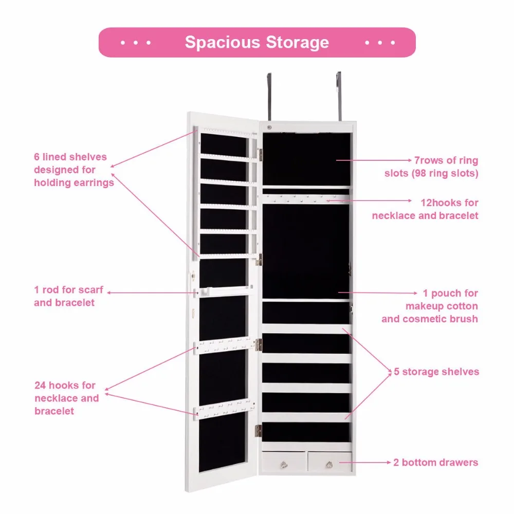 

Giantex Wall & Door Mounted Mirrored Jewelry Cabinet Storage Organizer W/ Lights&Drawer Home Furniture HW59104