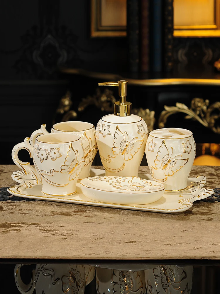 

Bathroom Set Ceramic European Golden Emboss Butterfly Toothbrush Holder Shampoo Bottle Soap Dish Cups Set Toilet Supplies