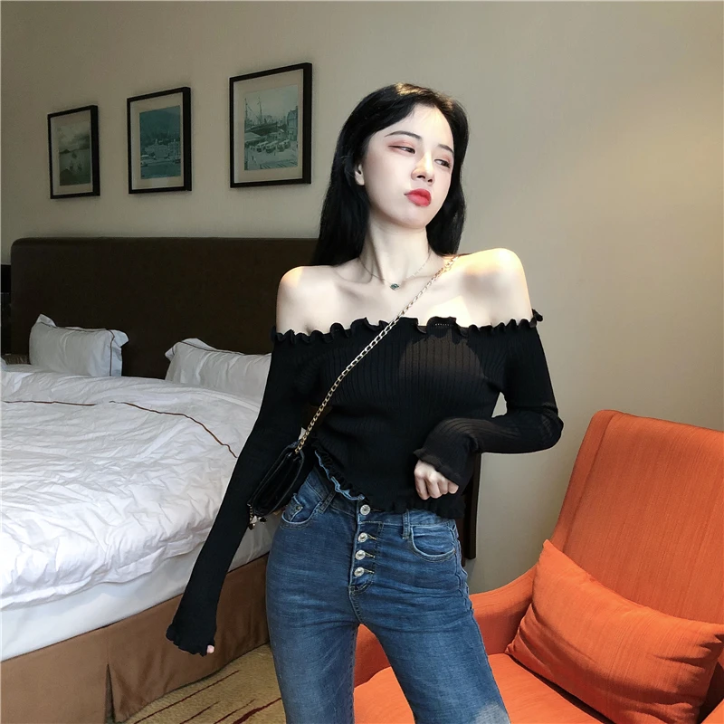 Новые Модные женские сексуальные топы с открытыми плечами и длинным рукавом