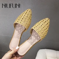 2021 pointed slippers rattan weave female sandals summer beach loafer shoes women slippers flat shoes slides cane slip on hollow