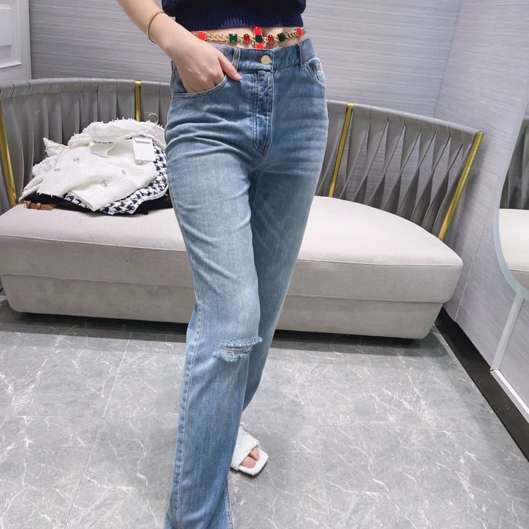 2021 Spring/Summer women's new look casual high-waisted straight barrel open-cut cut-out drag jeans
