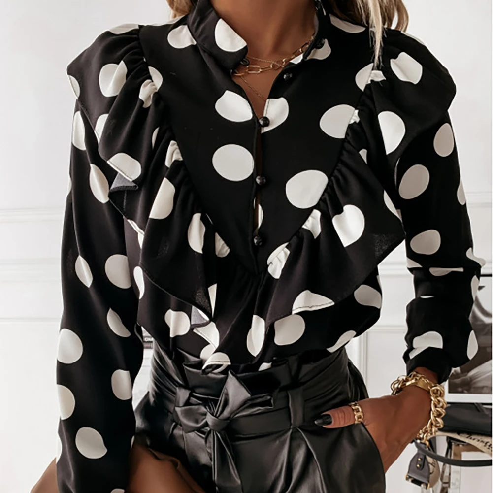 

UETEEY Elegant Women Spring Autumn Shirts Single-breasted Design Ruffles Decor V-Neck Long Sleeve Dot Print Slim Cardigan Top