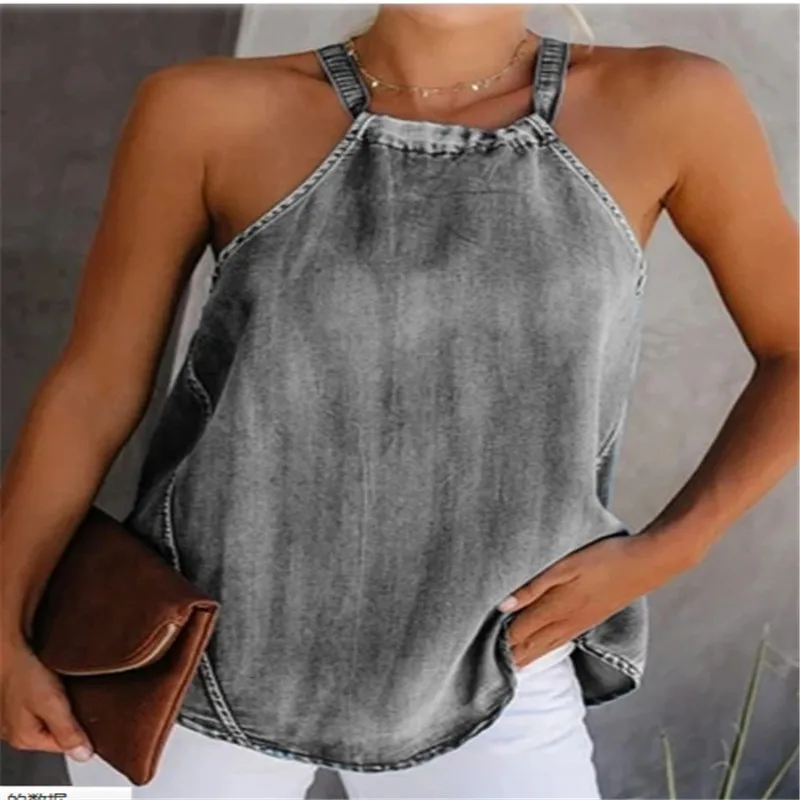 2021 Fashion Trend Women Ladies Sexy Halter Denim Imitation Jean Vest Solid Color Lace up Sleeveless Casual Top Tanks Camisole | Женская