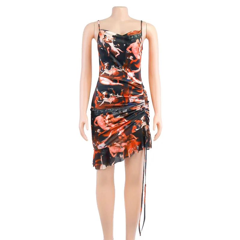 

Spring and autumn new style printed open back sexy suspender dress